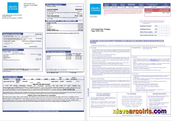 USA Charles Schwab & Co bank mortgage statement, 3 pages 1-2